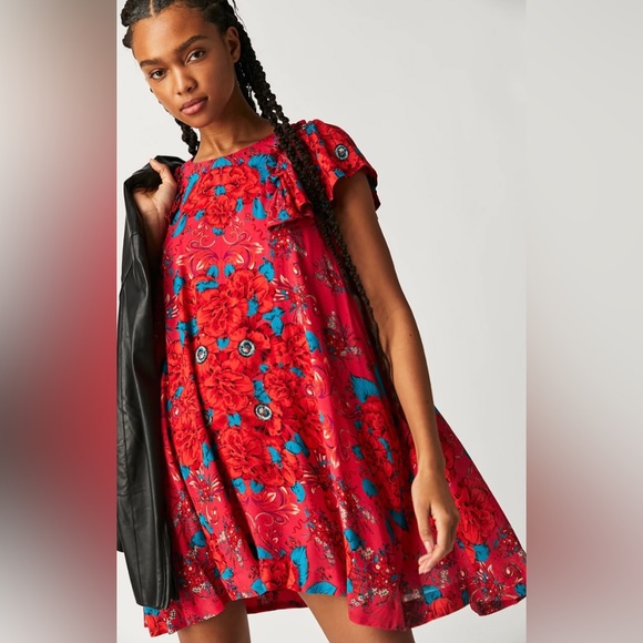 🔖 FREE PEOPLE
Yara Printed Flutter-Sleeve Floral Minidress Pink Red OB1705306 - Picture 3 of 10